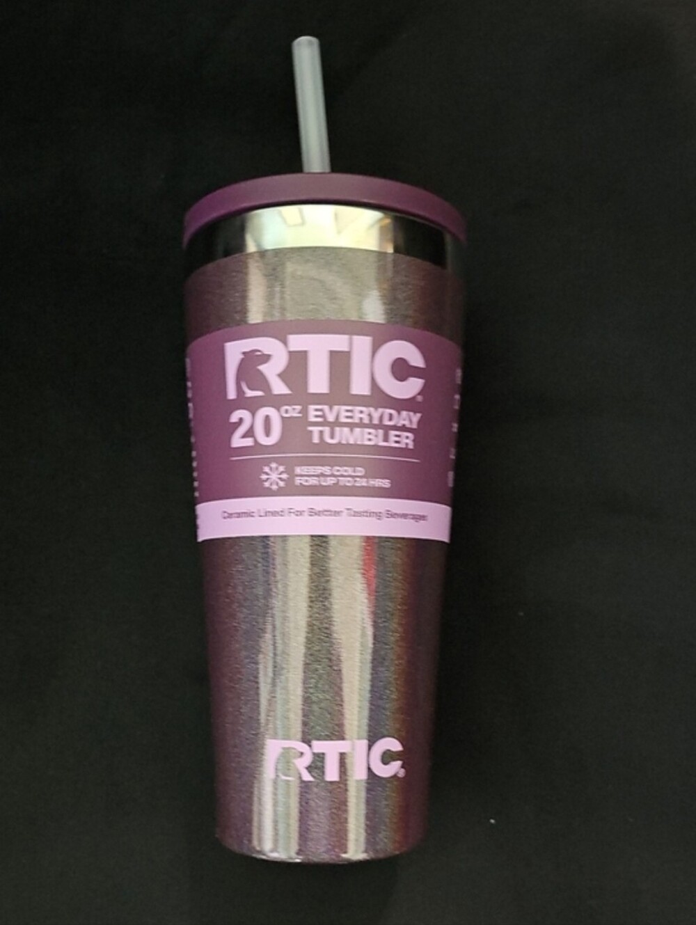 RTIC Everyday 20 oz Tumbler w/Straw ~ Plum Glitter ~ Keeps Cold For 24 Hrs